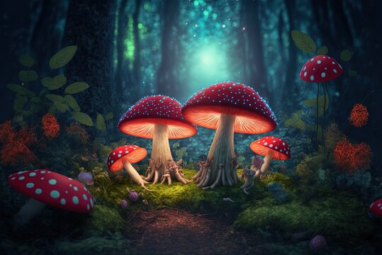 Fly agaric mushrooms populate a clearing in the woods, bringing to mind the fantastical mushrooms from the "Alice in Wonderland" stories. Generative AI