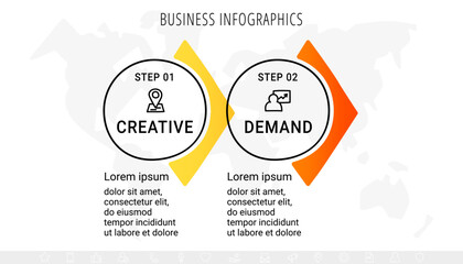 Vector business infographics template. Timeline with 2 circle, icon, arrow, steps, two number options. Can be used for workflow layout, diagram, chart, banner, web design. Modern illustration