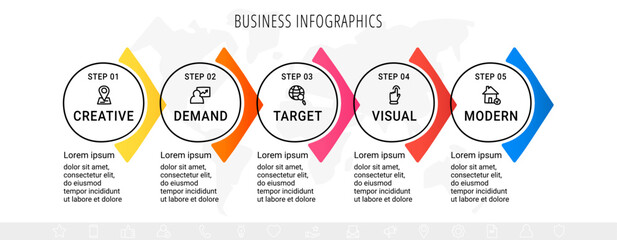 Vector business infographics template. Timeline with 5 circle, icon, arrow, steps, five number options. Can be used for workflow layout, diagram, chart, banner, web design. Modern illustration
