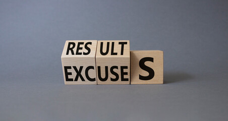 Results Excuses symbol. Wooden cubes with words Excuses and Results. Beautiful grey background. Business and Results Excuses concept. Copy space