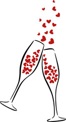 Celebrating Valentine's Day concept. Two champagne glasses full of hearts and splashes