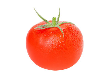 Juicy fresh tomato with water drops direct foreshortening. Isolated.