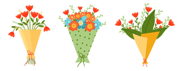 A set of flower bouquets with and without packaging. Vector illustration of floral bouquets with outline in cartoon style. Isolated cute clipart for valentine's day