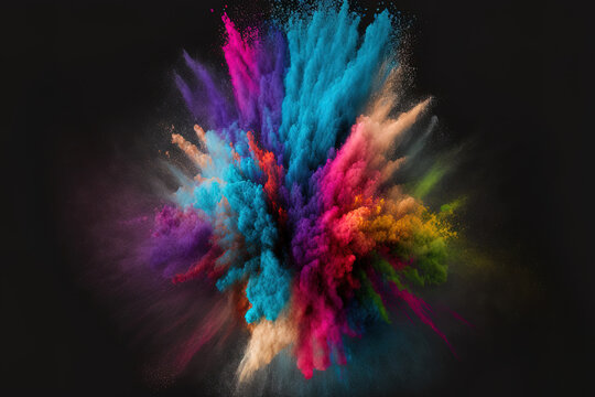 Colored powder explosion isolated on a dark background. background with abstract colors. Generative AI