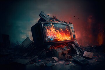 An old TV lying on the ruins of a house. A post-apocalyptic ruined city. Destroyed buildings, mountains of rubble and debris. The concept of the apocalypse. Generative AI Art - 560482509
