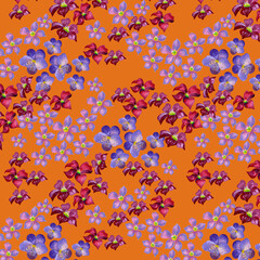 Seamless pattern with pink and purple flowers on an orange background. Text style design, wallpapers, graphic resources