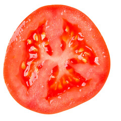 Slice of tomato isolated on white background. Top view, flat lay..