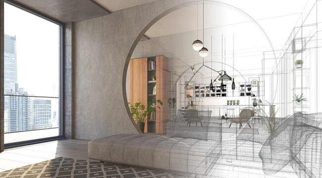 Luxurious and modern open space with circular holes in the walls, apartment inside a skyscraper in Dubai, project design wireframe, 3d rendering, 3d illustration