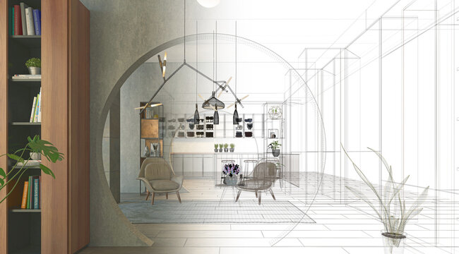 Luxurious and modern open space with circular holes in the walls, apartment inside a skyscraper in Dubai, project design wireframe, 3d rendering, 3d illustration