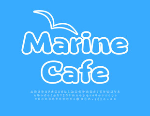 Vector advertising poster Marine Cafe. Creative Blue Font. Artistic set of Alphabet Letters, Numbers and Symbols