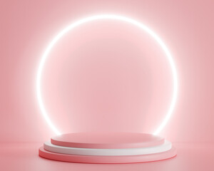3d rendering. Podium stand to show product display on pink color background and ring light. Abstract minimal geometric shapes backdrop for valentine day design