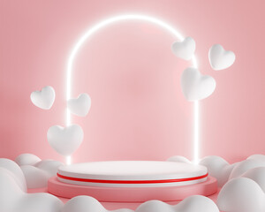 3d rendering. White heart and podium stand to show product display on pink color background and ring light. Abstract minimal geometric shapes backdrop for valentine day design