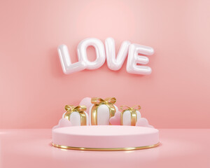 3d rendering. Letter L O V E pink heart gift box and podium stand to show product display on pink color background. Abstract minimal geometric shapes backdrop for valentine day design