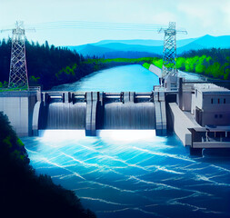 hydroelectric power station dam reservoir on the river illustration
