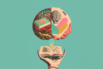 Fototapeta Generative AI illustration of conceptual art collage of hands holding a book on which appears a brain full of ideas and knowledge obraz