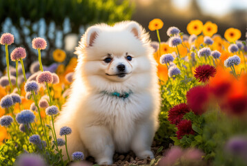 A fluffy white Pomeranian puppy is sitting in a patch of sunlight, surrounded by a bed of colorful wildflowers, with a rolling green meadow and blue sky background. Generative AI.