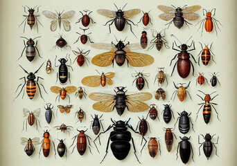 Generative AI illustration of collection of different insects on beige table in vintage style