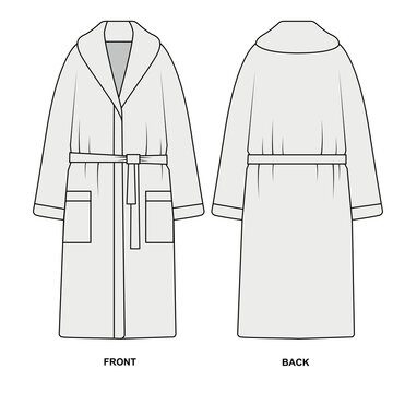 Sketch oversized bathrobe. Robe vector template. Outline technical drawing of a long robe with pockets and belt.