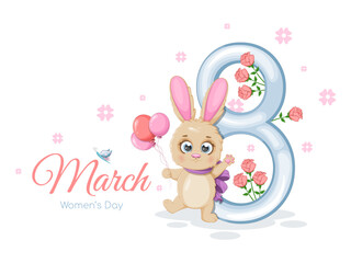 Spring card with cute bunny, balloons, roses and number 8