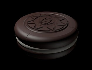 Sponge cookies doused with chocolate, 3D image, milk chocolate, white filling, patterns on the lid in the form of triangles.