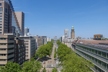 Obraz na płótnie Canvas Outdoor sunny aerial view over Coolsingel street and background of cityscape of Rotterdam, Netherlands. 