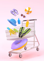 Colorful beach accessories and shopping trolley on pink background.