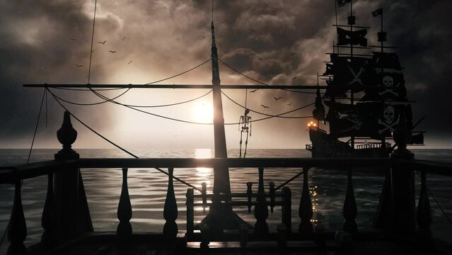 Jolly Roger Pirate Galleons in the Ocean - View from the Ship - Loop Landscape Background