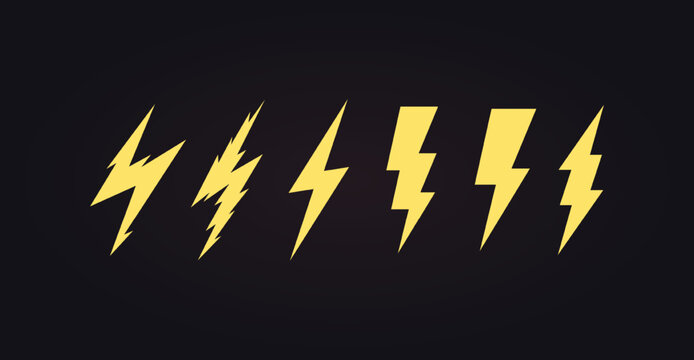 Lightning icon set. Cartoon lightening, bolt logo template, energy and electricity symbols collection. Simple flat design, vector illustration