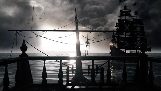 Jolly Roger Pirate Galleons in the Ocean - View from the Ship - Loop Landscape Background V2