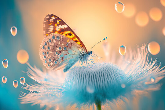 Fototapeta Natural pastel background. Morpho butterfly and dandelion. Seeds of a dandelion flower in drops of water on a background of sunrise. Copy spaces. Generative AI