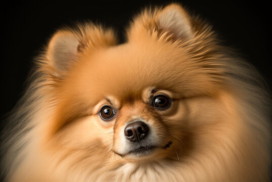 A close-up portrait of a cute brown Pomeranian puppy dog captured in all its glory. Generative AI.