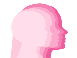 The stages of a woman's growing up - infant, child, teen, adult, elderly. Silhouettes of woman of different ages. Illustration on transparent background