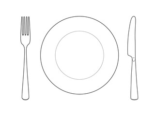 Plate, fork and knife. Illustration on transparent background