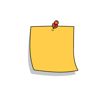 Yellow cartoon note paper pinned with a red pin. Hand drawn doodle notepaper for messages. Illustration on transparent background