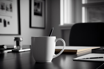 A white cup on the table office surrounding bright 4K created by AI technology
