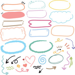 A set of doodle illustrations. Doodle Swash Black Thin Line Set Include of Heart, Stroke, Circle and Arrow Sign. Vector illustration