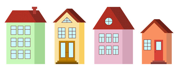 Set of village houses on transparent background, png. Suburban cute colorful buildings with roofs, windows, chimneys and doors. Cartoon, illustration, isolated
