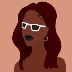 Beautiful African American stylish woman in square frame sunglasses. Portrait of fashionable female face with black lipstick. Minimalist vector illustration
