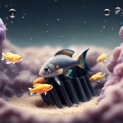 Pequeño banco de peces en el fondo del océano. Generative AI. - obrazy, fototapety, plakaty