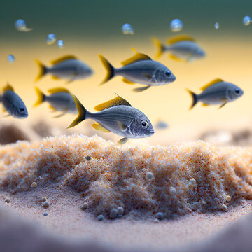 Peque&ntilde;o banco de peces en el fondo del oc&eacute;ano. Generative AI.