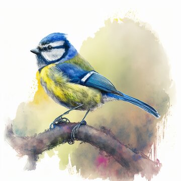 bonita aguarela de um chapim-azul, Cyanistes caeruleus