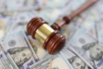 Wooden judge gavel on dollar bills background, shallow focus.