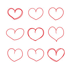 Set of red line hearts vector illustration. Nine hand drawn love symbols. Red outline doodles isolated on white background