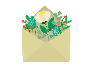 Mail envelope wis a fantasy flowers. Romantic spring message. Illustration on transparent background - obrazy, fototapety, plakaty