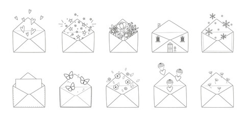 Collection of various mail envelopes with a hearts, stars, flowers and other decor. Illustration on transparent background - obrazy, fototapety, plakaty