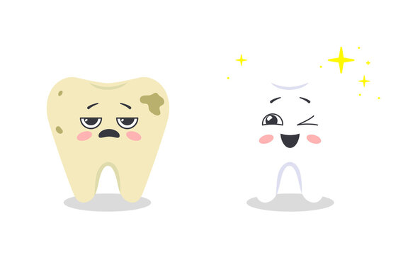 Cartoon sick and healthy teeth. Kawaii teeth with faces. Illustration on transparent background