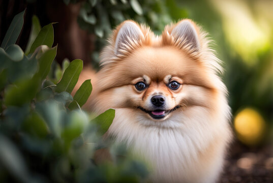 A beautiful close-up portrait of a cute Pomeranian puppy dog, with its fluffy white and brown fur and ears standing at attention. Generative AI.