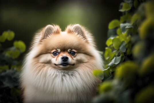 A beautiful close-up portrait of a cute Pomeranian puppy dog, with its fluffy white and brown fur and ears standing at attention, with a beautiful natural background of lush greenery. Generative AI.