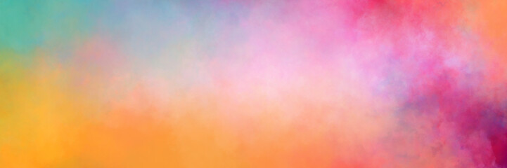 Colorful watercolor background of abstract sunset sky with puffy clouds in bright rainbow colors of pink green blue yellow and purple
