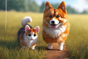 Cheerful friends. Corgi dog and beautiful cat playing in field.